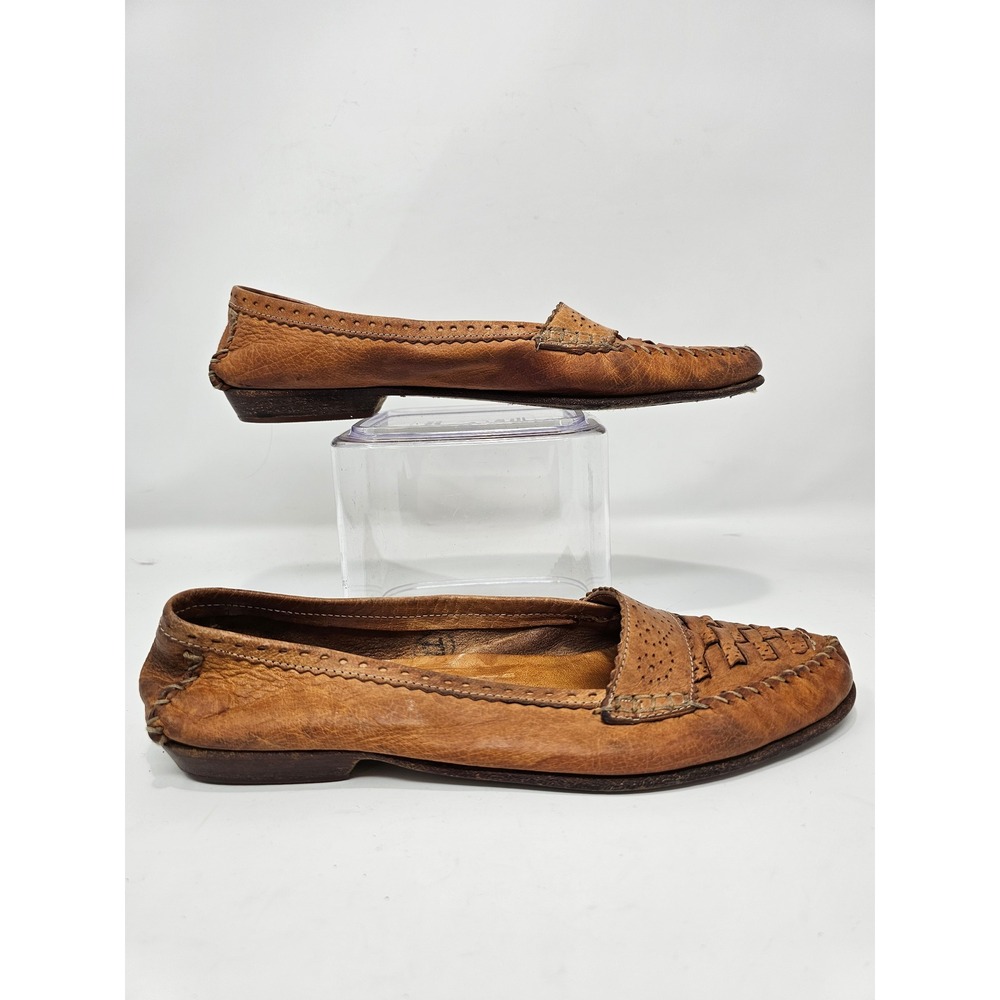 VTG Cole Haan Brown Leather Woven Perforated Loafer Flat Shoes Womens Size 8‎